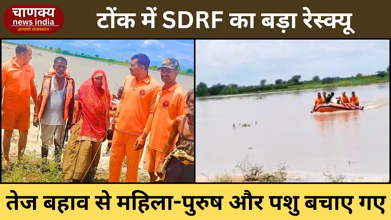 TONK // टोंक में तेज बहाव में फंसे महिला-पुरुष और पशु, SDRF ने बचाई जान